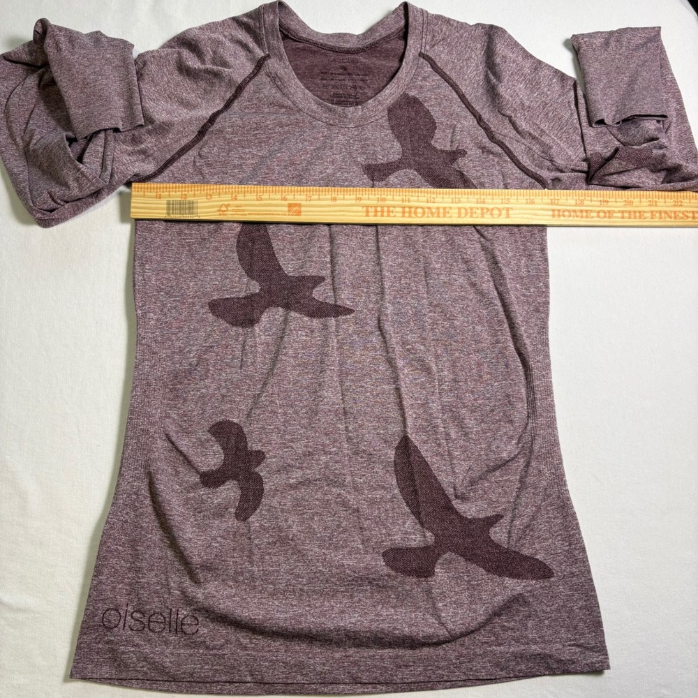 Oiselle Flyout Long Sleeve Top Size L Purple Bird Graphic Running Shirt MSRP $72 - Picture 3 of 6